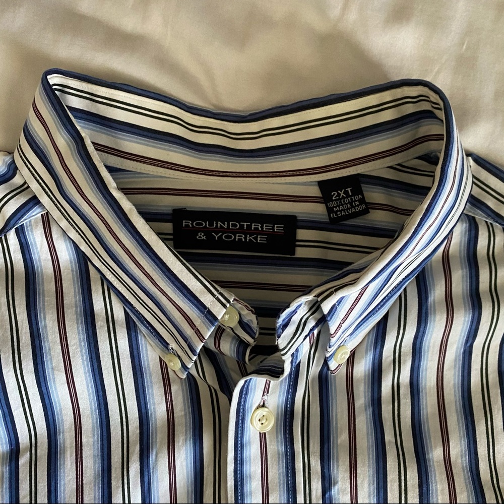 Men’s Blue/Black/White/Maroon Striped Dress Shirt